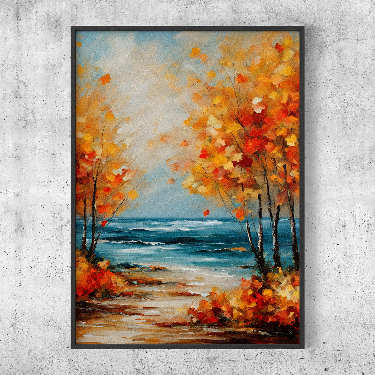 Autumn sea and trees oil painting