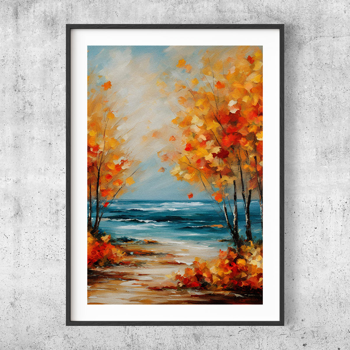 Autumn sea and trees oil painting